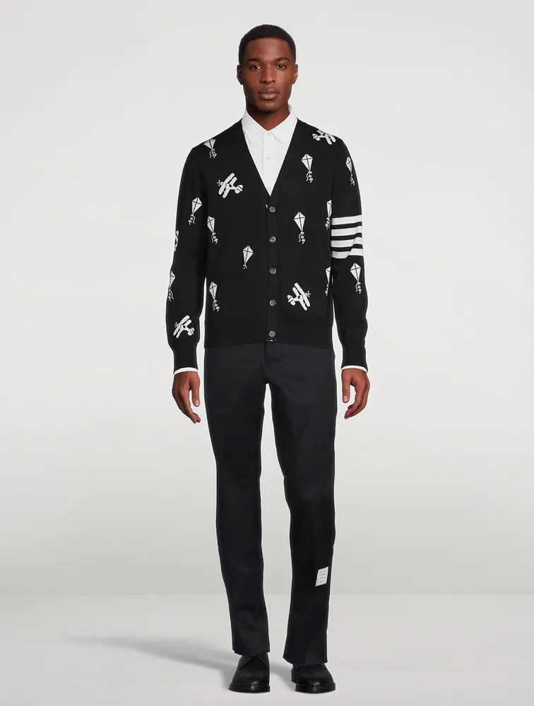 Navy Fine Merino Wool Half Drop Sky Icons 4-bar Relaxed Fit Cardigan