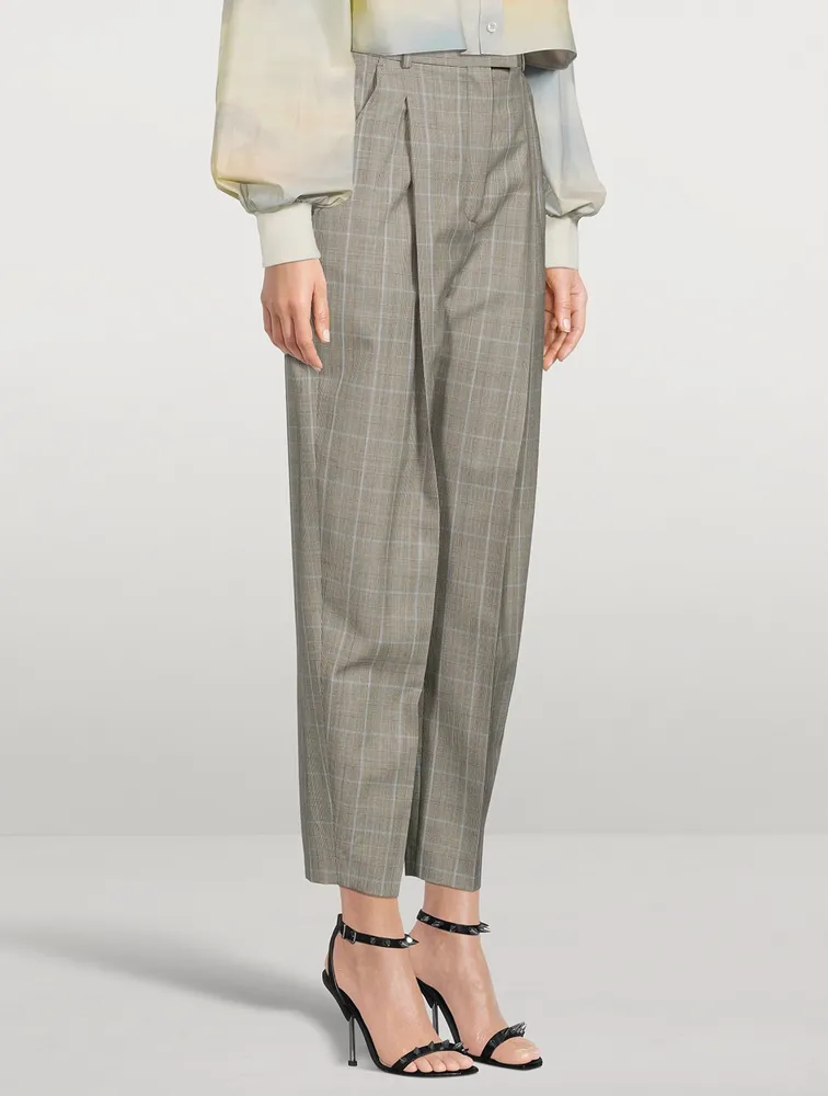 High-Waisted Wool Trousers in Plaid Print