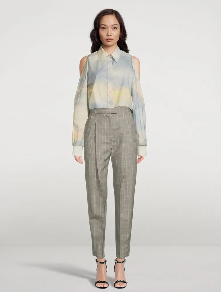 High-Waisted Wool Trousers in Plaid Print