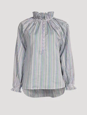 Aurelia Cotton Silk Dobby Ruffle Collar Shirt Striped Print