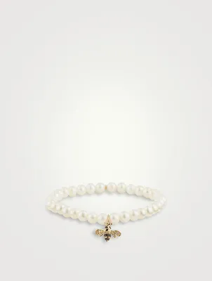 Pearl Bracelet With Small 14K Gold Diamond Bee Charm