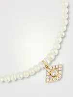 Pearl Bracelet With Large 14K Gold Diamond Evil Eye Charm
