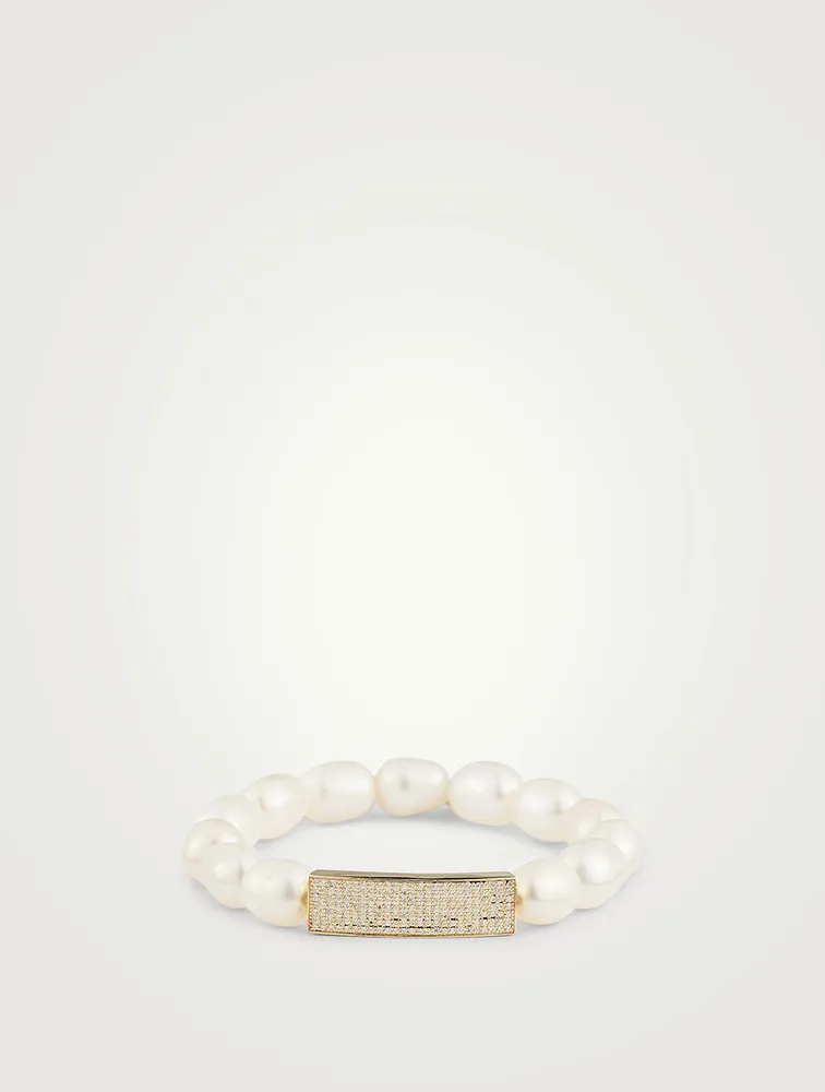 Pearl Bracelet With Small 14K Gold Pavé Diamond Plaque