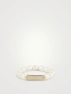 Pearl Bracelet With Small 14K Gold Pavé Diamond Plaque