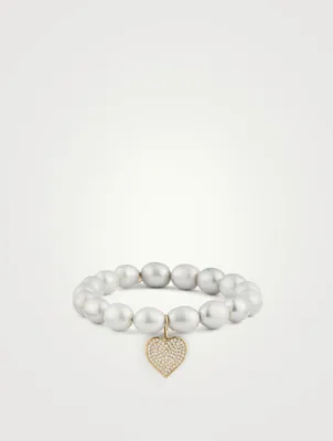 Pearl Bracelet With Large 14K Gold Pavé Diamond Heart Charm