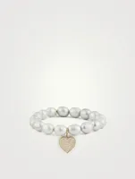 Pearl Bracelet With Large 14K Gold Pavé Diamond Heart Charm