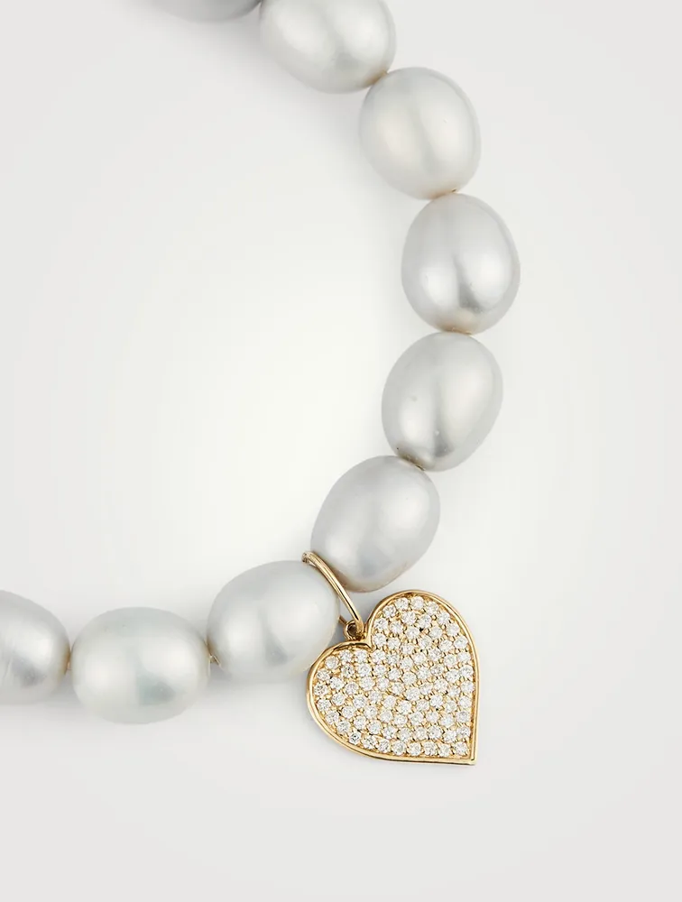 Pearl Bracelet With Large 14K Gold Pavé Diamond Heart Charm