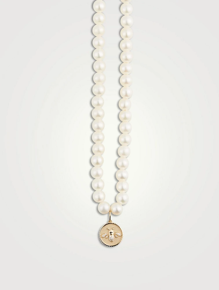 Pearl Necklace With Tiny 14K Gold Diamond Bee Charm