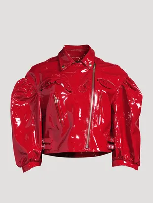 Cropped Patent Leather Biker Jacket with Frill Detail