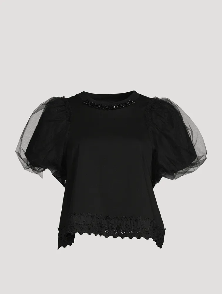 Embellished T-Shirt With Tulle Sleeves