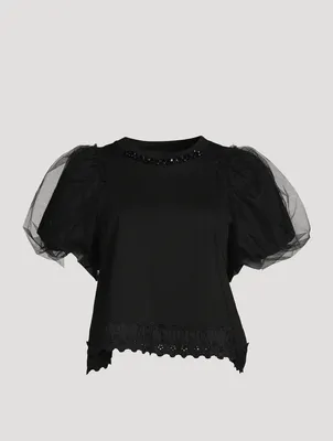 Embellished T-Shirt With Tulle Sleeves