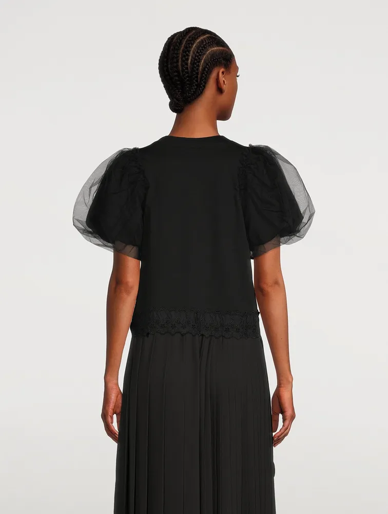 Embellished T-Shirt With Tulle Sleeves