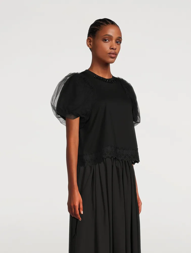 Embellished T-Shirt With Tulle Sleeves