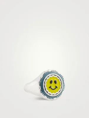 Pop Moss Silver Happy Face Coin Ring