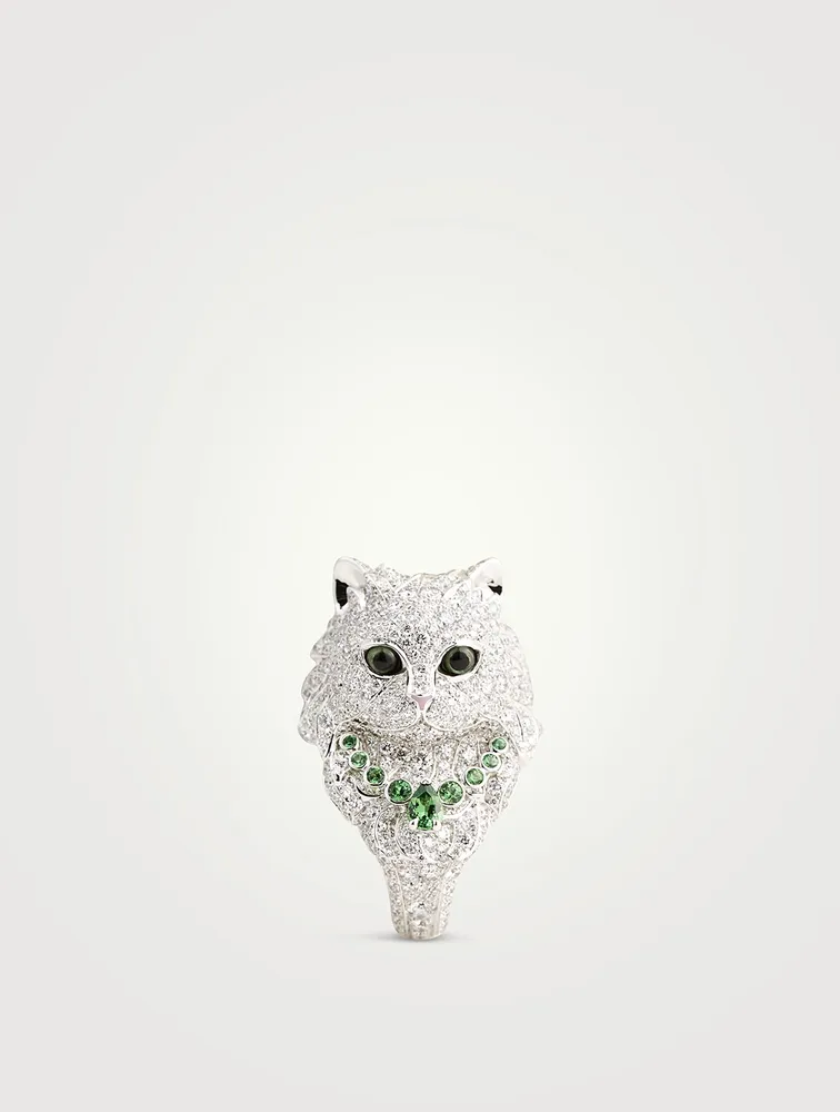 Wladimir The Cat Ring With Tsavorite, Pearl, Quartz And Diamonds