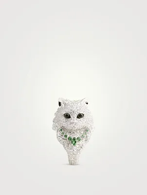 Wladimir The Cat Ring With Tsavorite, Pearl, Quartz And Diamonds