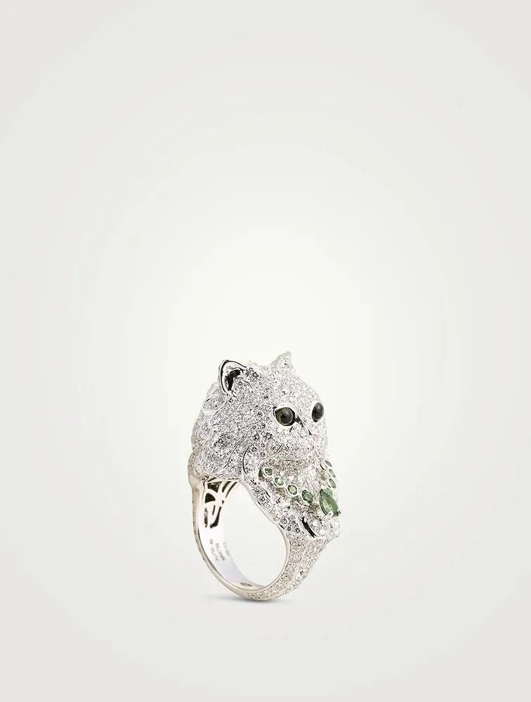Wladimir The Cat Ring With Tsavorite, Pearl, Quartz And Diamonds