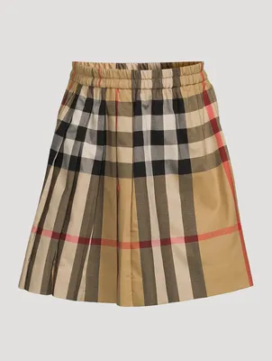 Cotton Stretch Pleated Skirt Check Print