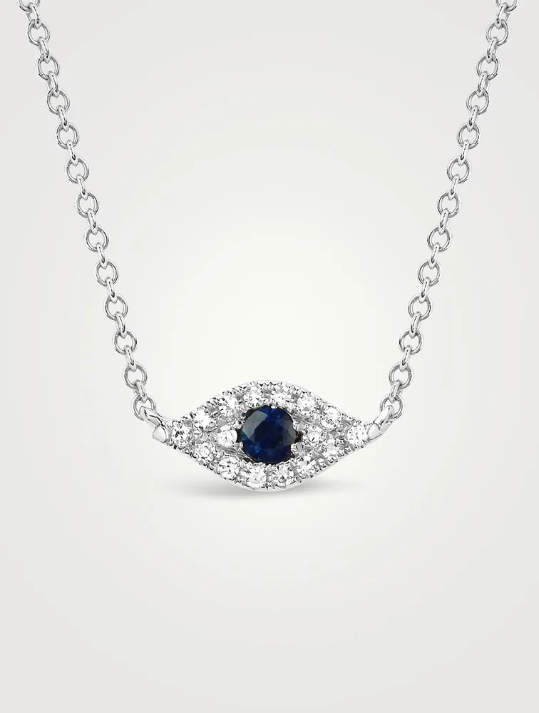 14K White Gold Evil Eye Choker Necklace With Diamonds And Sapphire