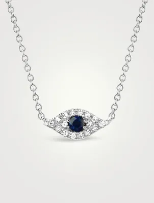 14K White Gold Evil Eye Choker Necklace With Diamonds And Sapphire