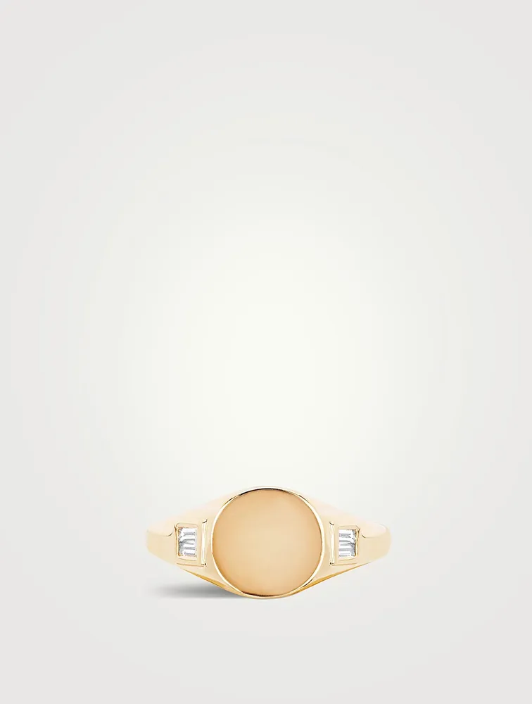 14K Gold Diamond Baguette Signet Ring