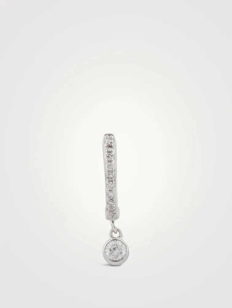 14K White Gold Bezel Drop Huggie Hoop Earring With Diamonds