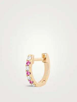 Mini 14K Rose Gold Dot Huggie Hoop Earring With Pink Sapphire And Diamonds