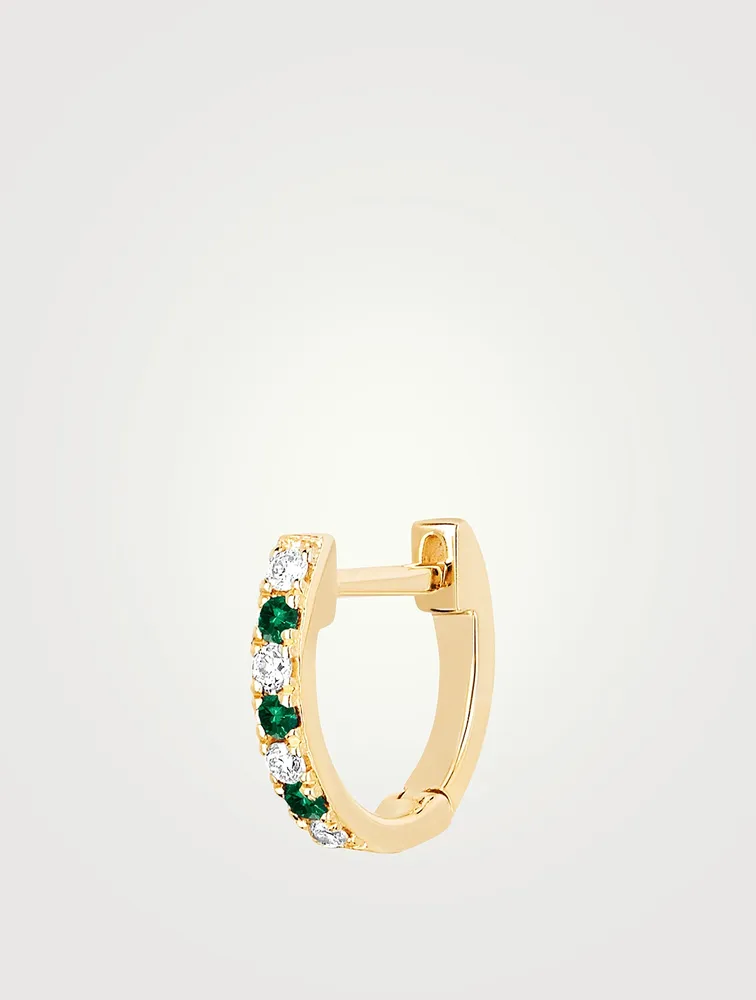 Mini 14K Gold Dot Huggie Hoop Earring With Tsavorite And Diamonds