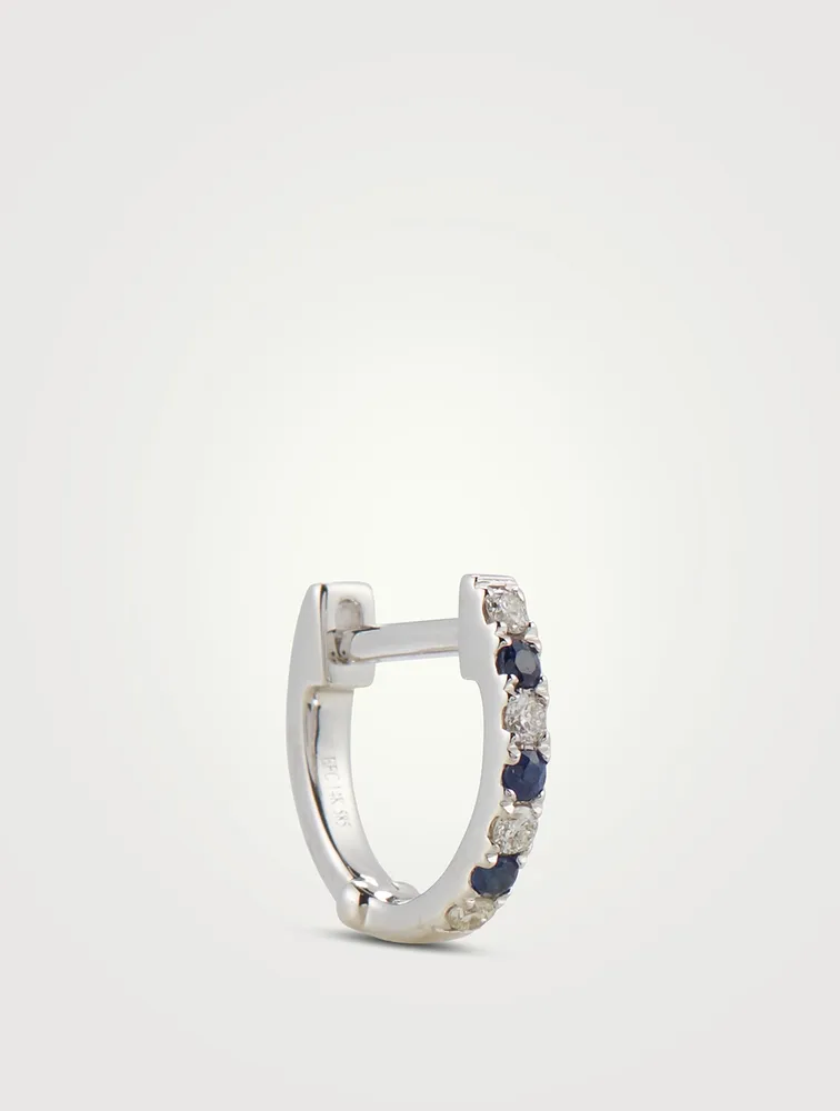 Mini 14K White Gold Dot Huggie Hoop Earring With Blue Sapphire And Diamonds