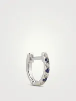 Mini 14K White Gold Dot Huggie Hoop Earring With Blue Sapphire And Diamonds