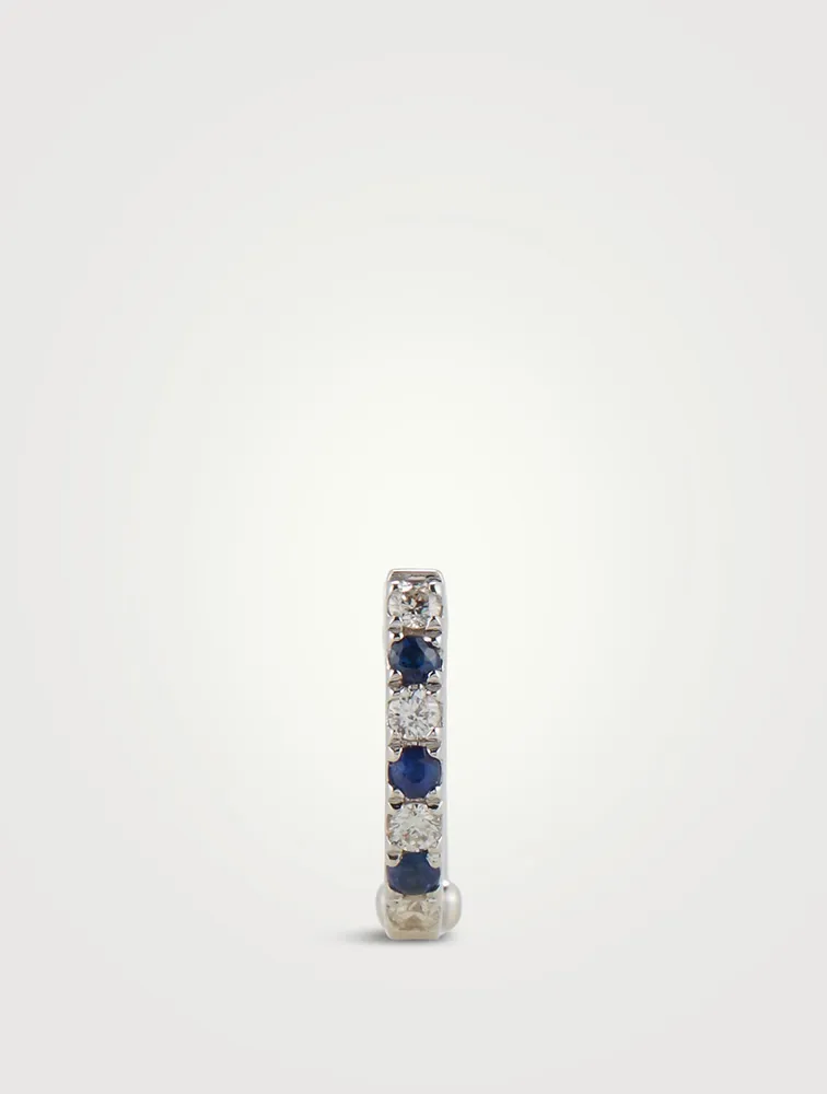 Mini 14K White Gold Dot Huggie Hoop Earring With Blue Sapphire And Diamonds