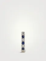 Mini 14K White Gold Dot Huggie Hoop Earring With Blue Sapphire And Diamonds