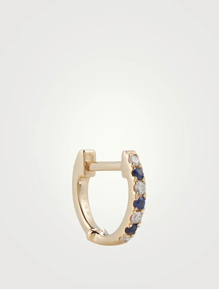 Mini 14K Gold Dot Huggie Hoop Earring With Blue Sapphire And Diamonds