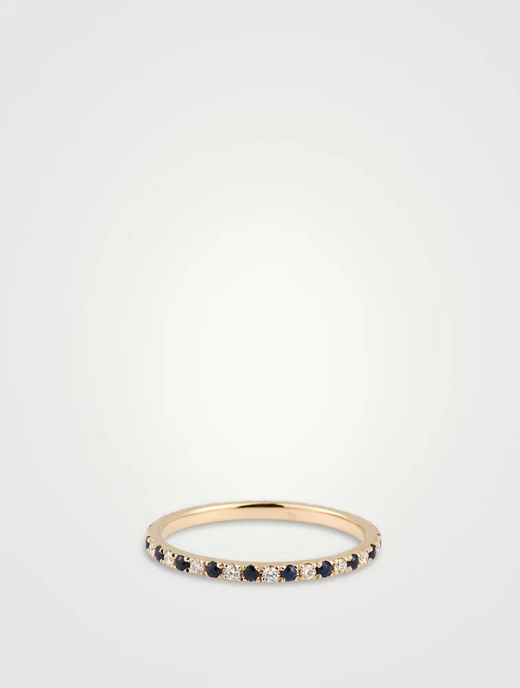 14K Gold Eternity Band Ring With Blue Sapphire And Diamonds