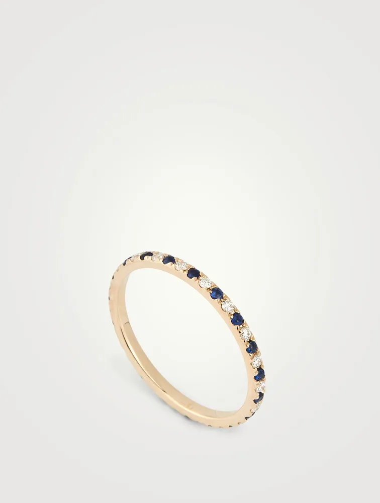 14K Gold Eternity Band Ring With Blue Sapphire And Diamonds