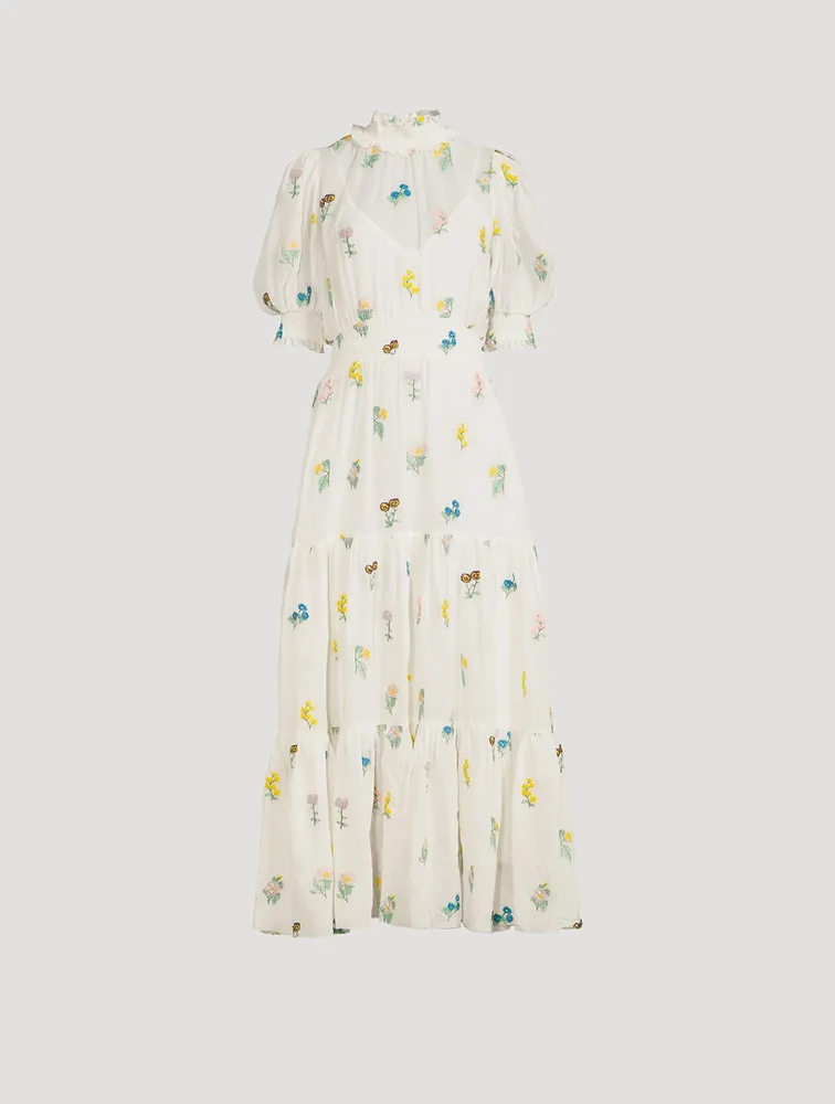 Yves Floral-Embroidered Midi Dress