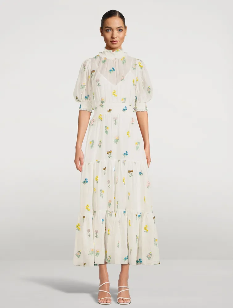Yves Floral-Embroidered Midi Dress