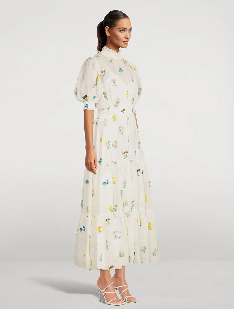 Yves Floral-Embroidered Midi Dress