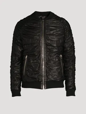 Pleated Leather Bomber Jacket