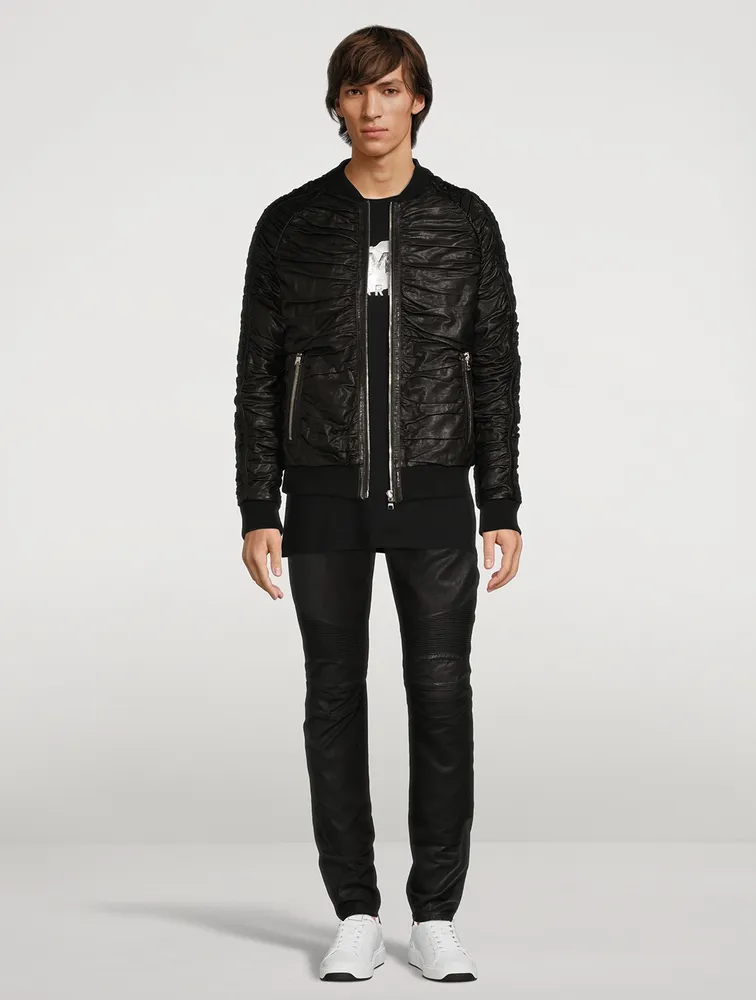 Pleated Leather Bomber Jacket