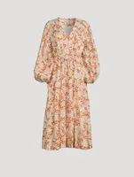 Flor Puff-Sleeve Linen Midi Dress Floral Print