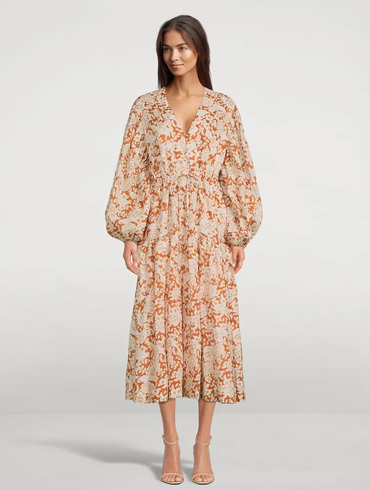 Flor Puff-Sleeve Linen Midi Dress Floral Print