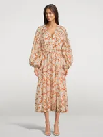 Flor Puff-Sleeve Linen Midi Dress Floral Print