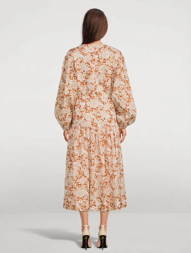 Flor Puff-Sleeve Linen Midi Dress Floral Print