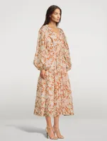 Flor Puff-Sleeve Linen Midi Dress Floral Print