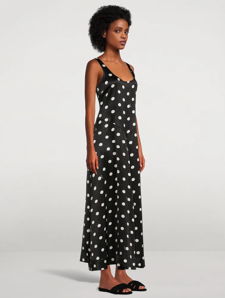 Re-Cut Satin Sleeveless Maxi Dress Polka Dot