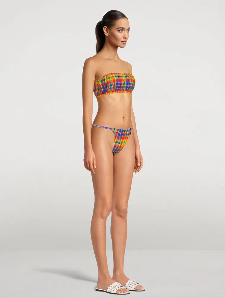 Adjustable Ruched Bikini Bottom In Plaid Print