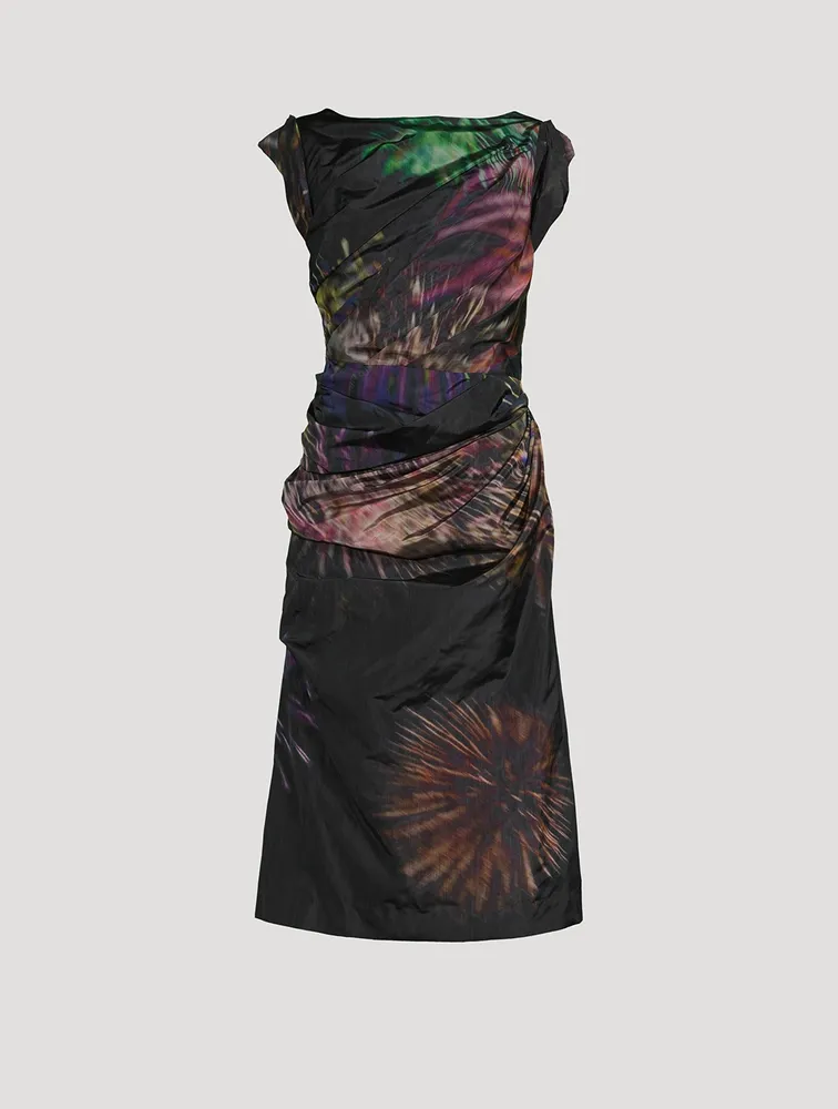 De Ruched Satin Dress Firework Print