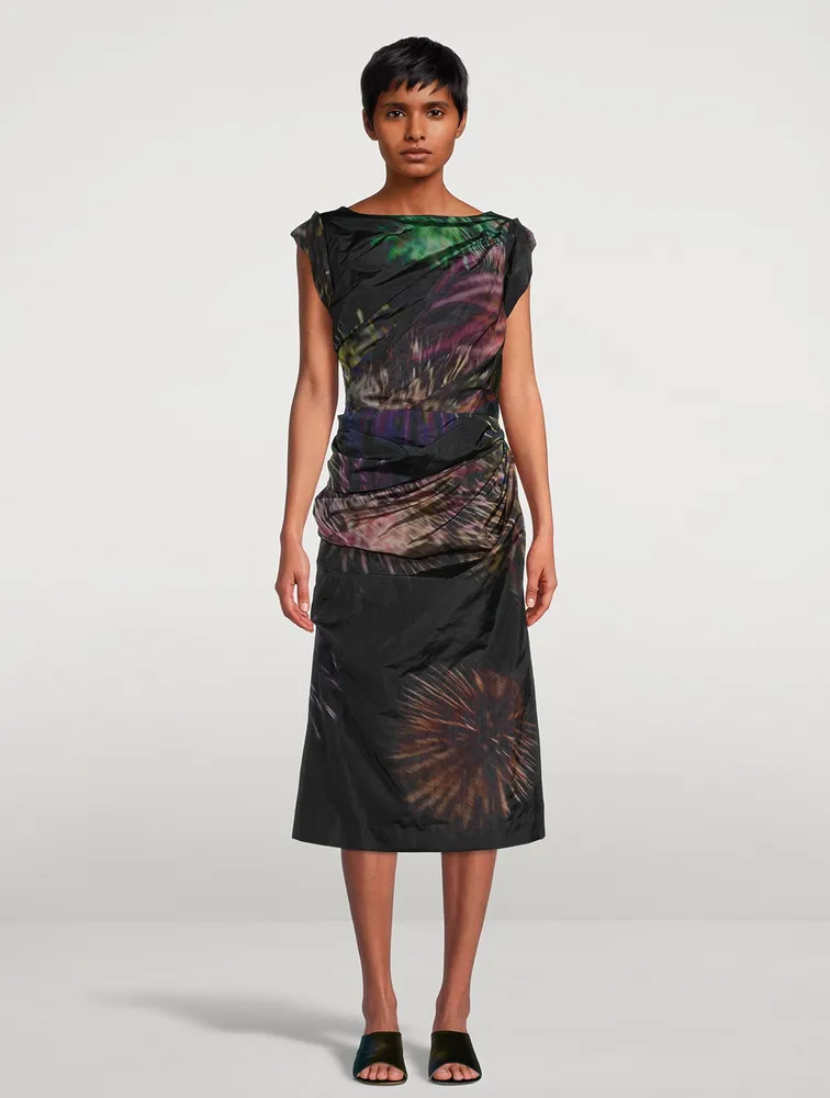 De Ruched Satin Dress Firework Print