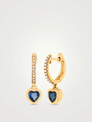 Mini 14K Gold Heart Drop Huggie Hoop Earrings With Sapphire And Diamonds